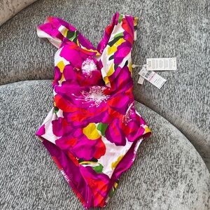 Trina Turk Vibrant Pink Floral One-Piece Swimsuit with Green & Yellow Accents